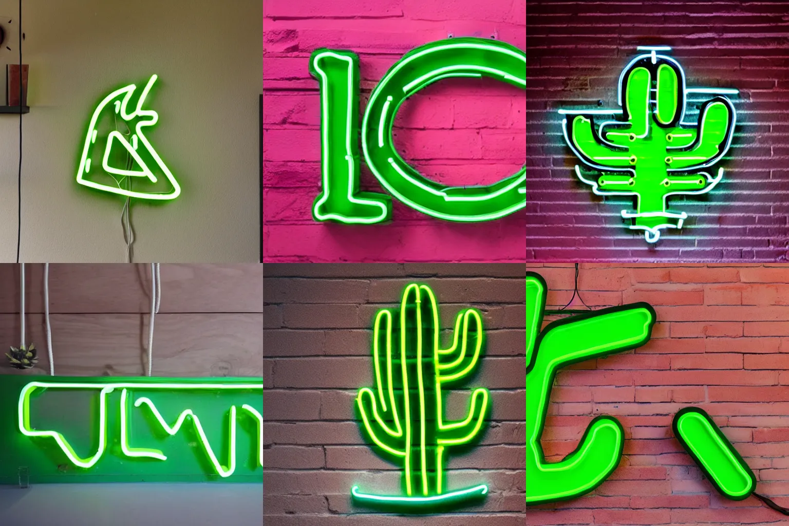 Prompt: a green neon sign in the shape of a cactus that says 'CACTUS' in yellow lettering