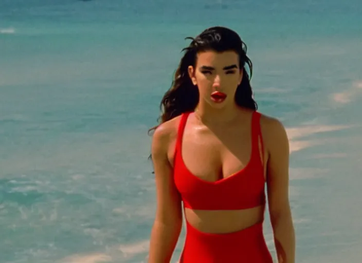 Prompt: a pov, film still of dua lipa as pamela anderson in baywatch, cinematic.