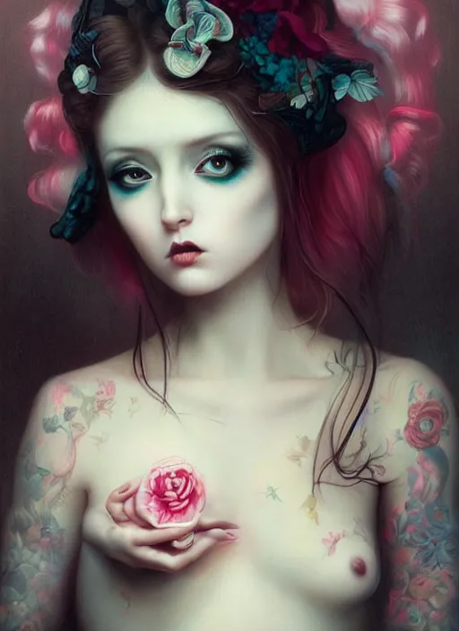 Image similar to pop surrealism, lowbrow art, realistic cute seductive girl painting, japanese street fashion, hyper realism, muted colours, rococo, natalie shau, loreta lux, tom bagshaw, trevor brown style,
