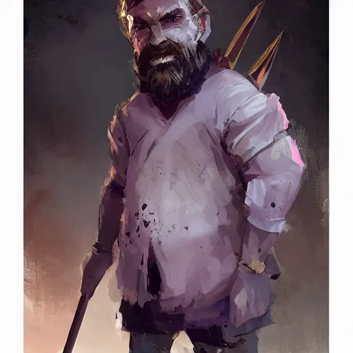 Prompt: duergar male child character portrait with pale purple skin, by Ismail Inceoglu, shabby clothes, leather pouch, wielding kitchen knife, smiling, youthful, dungeons and dragons, digital art