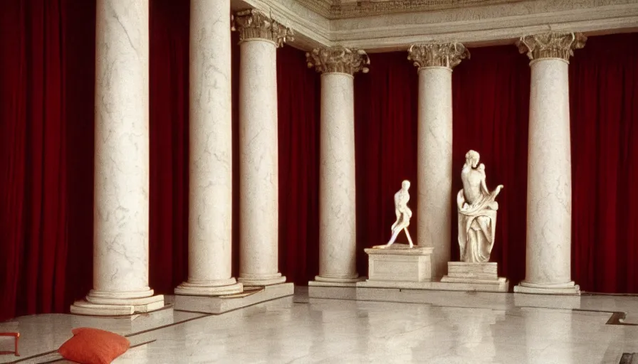 Prompt: 1 9 7 0 s movie still of socrate in red drapery in a marble neoclassical building with waterfall and collums, cinestill 8 0 0 t 3 5 mm, high quality, heavy grain, high detail, panoramic, ultra wide lens, cinematic light, dramatic light, flares anamorphic