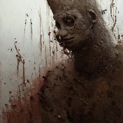 Prompt: painting by jakub rozalski of a muddy rooted humanoid creature with a big hole in the head. half body closeup