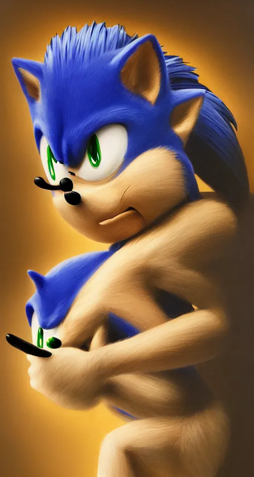 Prompt: portrait of sonic the hedgehog, chiaroscuro, elegant highly detailed oil painting 4 k, archival scan