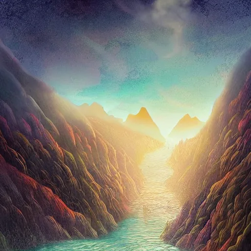 Image similar to a realm between the mountains and the sea, illustration, digital art by laura price