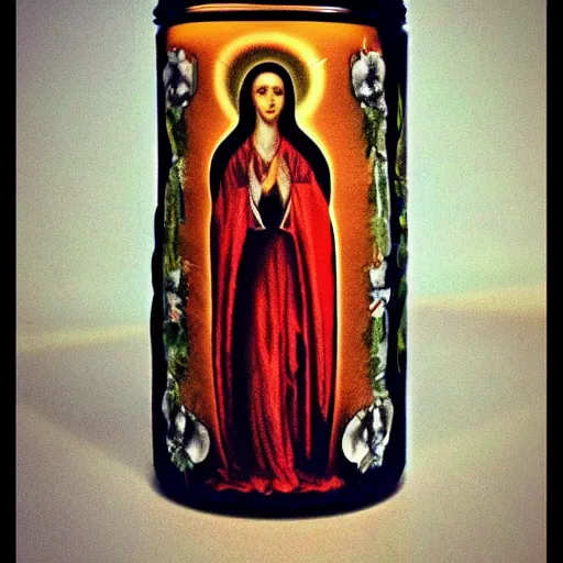 Image similar to virgin mary on a candle dressed in day if the dead dress and makeup