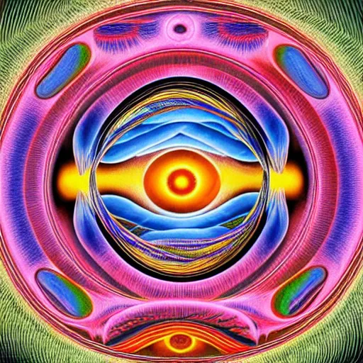 Image similar to Steps of the morphogenesis of a human embryo. Alex Grey style