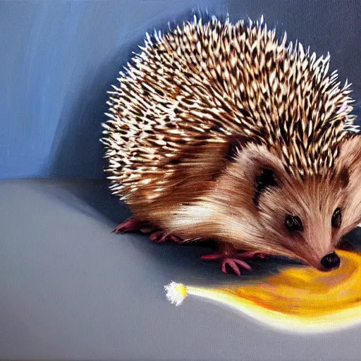 Prompt: hedgehog melting in the heat with a fan pointing at the hedgehog, oil on canvas, detailed, art