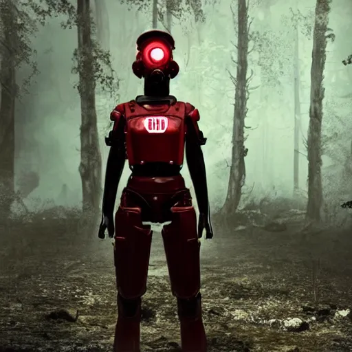 Image similar to A girl in a noir outfit stands next to a power armor from the company core-cola, red coloring, stands against the background of a radioactive forest, graphics, fallout 4 render, 3d computer render, maximum details, rain, night, spotlight,