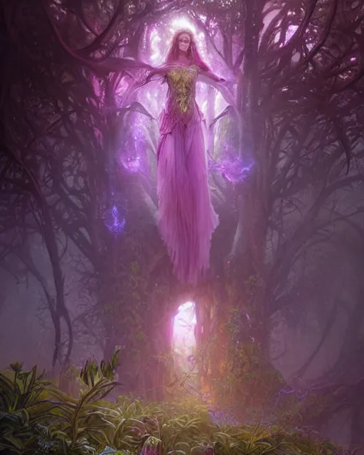 Prompt: portrait of woman queen dryad made of plants weed and trees, fantasy character portrait full body concept art, intricate details, volumetric neon purple lights in the mist by greg rutkowski, gaston bussiere