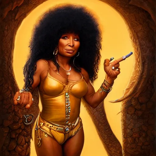Image similar to digital painting of chaka khan by filipe pagliuso and justin gerard, symmetric, fantasy, highly, detailed, realistic, intricate