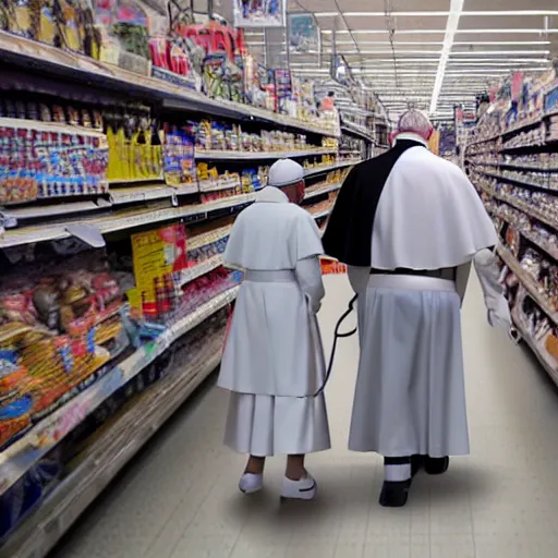 Prompt: Pope Francis wearing a French maid outfit and cat ears walking through Walmart, highly detailed, very highly detailed, 4k, photorealistic