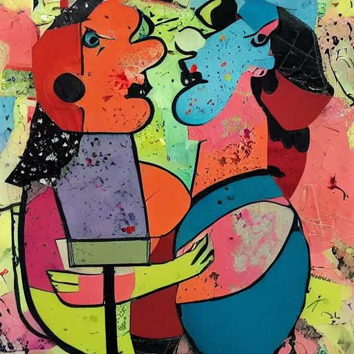 Prompt: two curvy women kissing at a carnival at dusk, mixed media collage, retro, paper collage, magazine collage, acrylic paint splatters, bauhaus, abstract claymation, layered paper art, sapphic visual poetry expressing the utmost of desires by jackson pollock