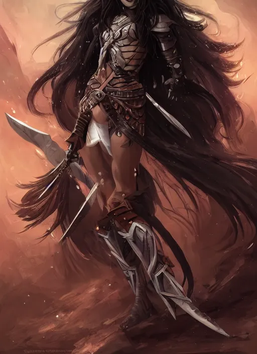 Image similar to beautiful warrior lady, black long hair, practical armor, brown skin, demonic eyes, low fantasy, extremely detailed, sharp focus, smooth, digital illustration, by rossdraws, frank franzzeta, sakimichan