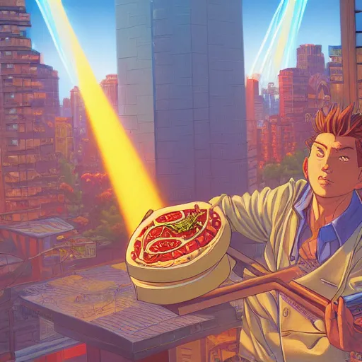 Image similar to the second coming of the pizza guy by dan mumford, yusuke murata, makoto shinkai, ross tran, cosmic, heavenly, god rays, intricate detail, cinematic, 8 k, cel shaded, unreal engine, featured on artstation, pixiv