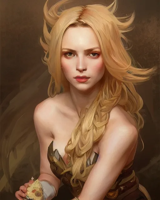 Image similar to '' Portrait of Beautiful blonde Slavic woman in her early 30’s, league of legends, LOL, fantasy, d&d, digital painting, artstation, concept art, sharp focus, illustration, art by greg rutkowski and alphonse mucha ''