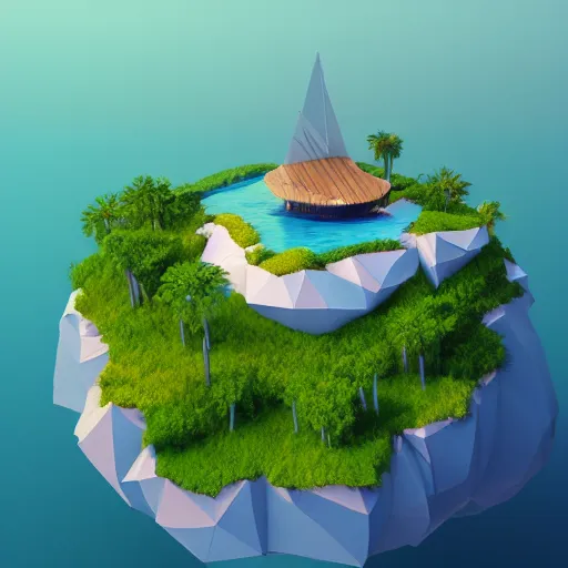 Image similar to a floating island on an aquatic environment isometric art, south america landscape, low poly art, game art, artstation, 3D render, high detail, cgsociety, octane render