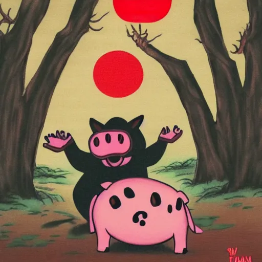 Prompt: a shadow man with a red glowy eyes fighting a big piglet the background is a japanese forest