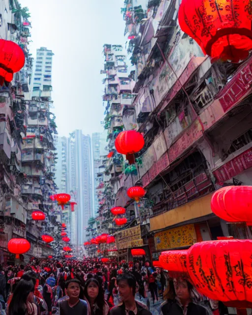 Image similar to chinese new year decoration, chinese new year parade, crowd of people, street, poor buildings, hong kong buildings, kowloon, slums, cyberpunk, ghost in the shell, dramatic lighting, trending on Artstation, 8k, highly realistic, hyper detailed, unreal engine 5, IMAX quality, realistic, cinematic, epic lighting, realistic, Matte Painting, masterpiece,
