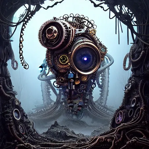 Image similar to biomechanical steampunk creature with robotic parts and big octopus head and (glowing) eyes guarding an ancient lush cave in a mystic forest, gothic and baroque, brutalist architecture, ultradetailed, creepy ambiance, fog, artgerm, giger, Intricate by Ellen Jewett and Josan Gonzalez and Giuseppe Arcimboldo