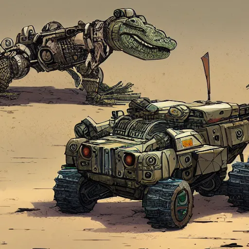 Prompt: alligator mech jeep concept borderland that looks like it is from Borderlands and by Feng Zhu and Loish and Laurie Greasley, Victo Ngai, Andreas Rocha, John Harris