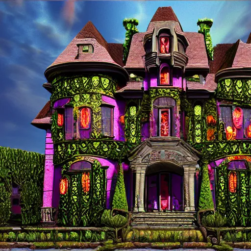 Image similar to ugly gaudy mansion, abandoned, growing vines, very old, professional art, trending on artstation, very detailed, realistic,
