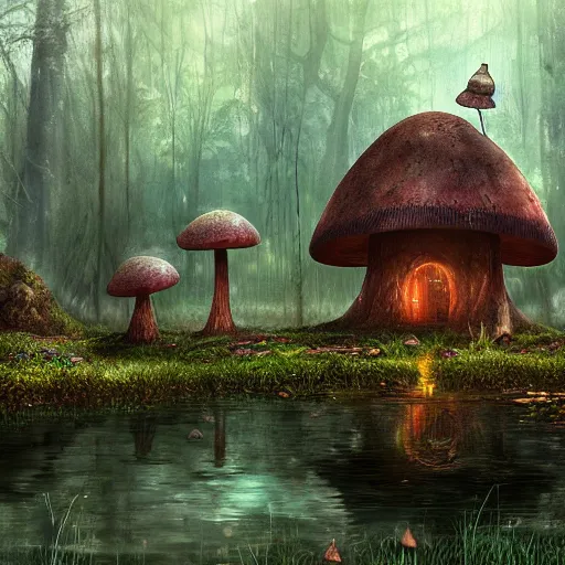 Prompt: mushroom house in a swamp, mystical, digital art, extremely detailed, oil painting, epic atmosphere, sense of scale, disney animation