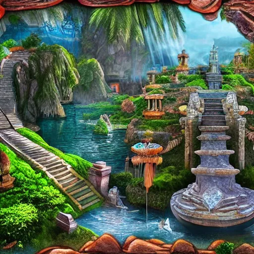 Prompt: the island of Atlantis full of temples, towers, waterfalls, fountains, rainy day, photorealistic, 4k, rich color, fantasy