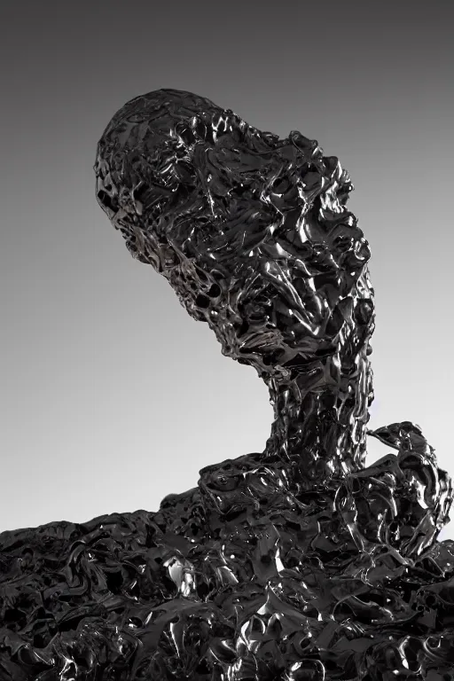 Image similar to realistic 8k Bernini Sculpture of random reflective metal pieces forming the shape of a person silhouetted by a red sun, smooth, sharp focus, 24mm lens, DOF, hyper realistic, art by Artem Demura and Greg Rutkowski and Ruan Jia