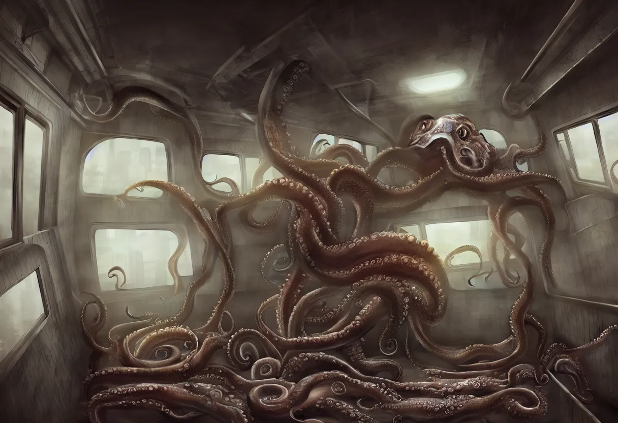 Image similar to the interior of a busy subway wagon, there is a huge monster octopus on the interior, tentacles creeping in through the windows and gaps, octane render, 4 k, urban photography,