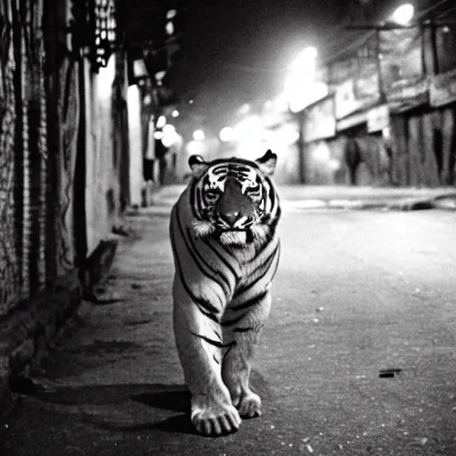 Image similar to retro photograph of a tiger smoking a cigarette in the streets of Dhaka at night, Kodak film photo