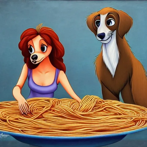 Image similar to kevin heart and melissa mcarthy lady and the tramp spaghetti, human, highly detailed, realistic style