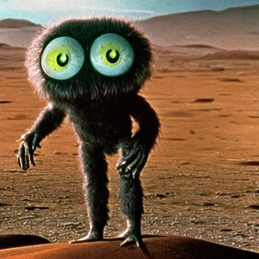 Image similar to 1 9 7 6 synthetic fur monsters with large eyes, standing on a martian landscape, cinematic movie scene, inspired by the movie the fifth element