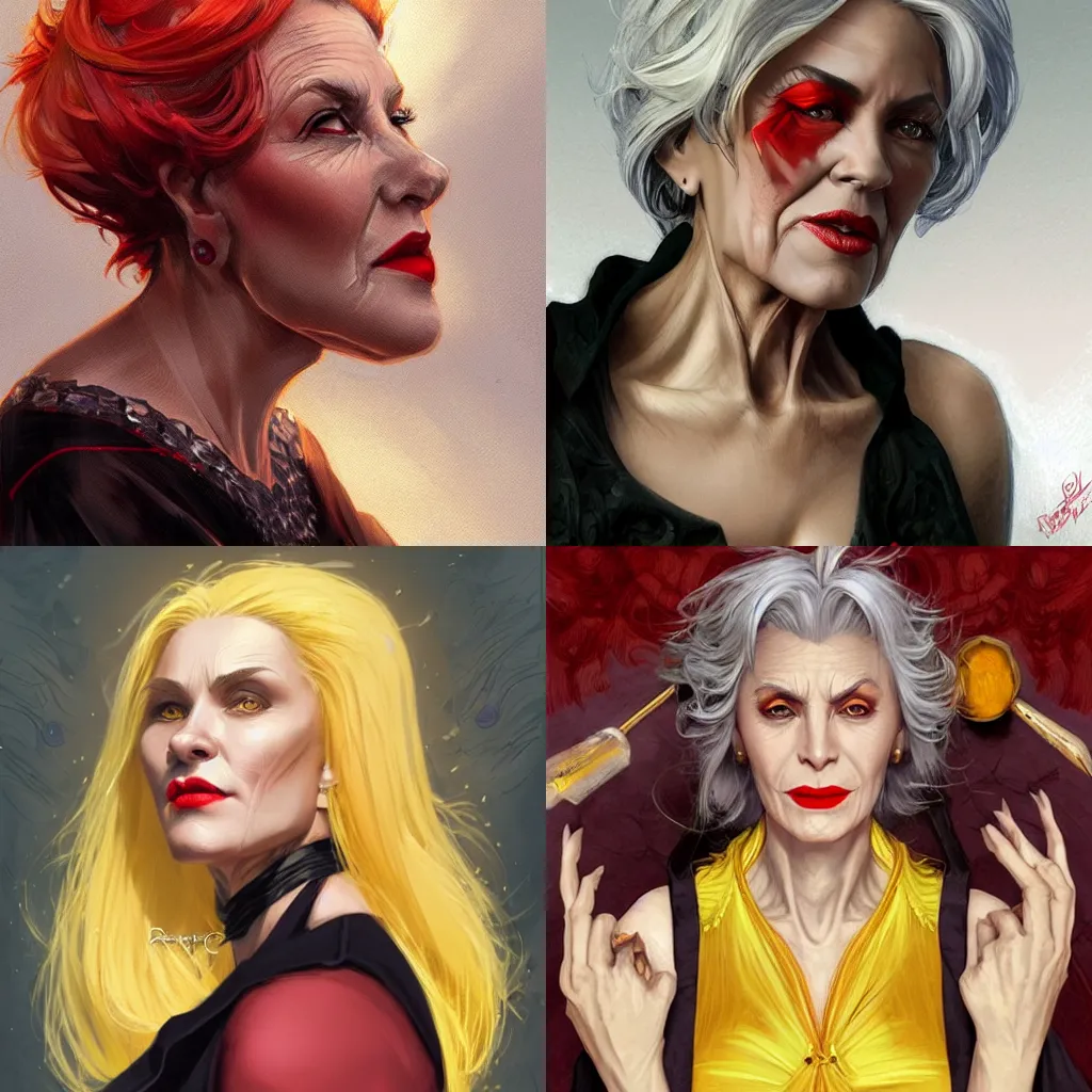 Prompt: attractive middle-aged witch, smirking, foxy, sharp features, big grey hair, yellow eyes, red lipstick, sleeveless red dress, highly detailed, digital painting, artstation, concept art, smooth, sharp focus, beautiful face, expressive eyes, illustration, art by Artgerm and greg rutkowski and alphonse mucha