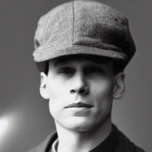 Image similar to A photograph portrait of Jerma985 wearing a newsboy cap in the early 1900s, taken in the early 1900s, grainy, taken on a early 1900s Kodak Camera, realistic, hyperrealistic, very realistic, highly detailed, very detailed, extremely detailed, detailed, digital art, trending on artstation