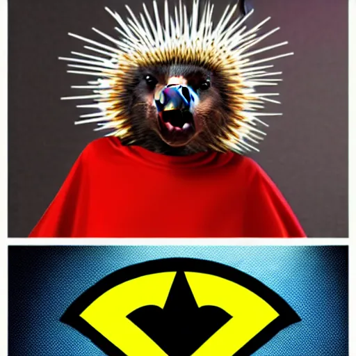 Image similar to an adorable superhero porcupine