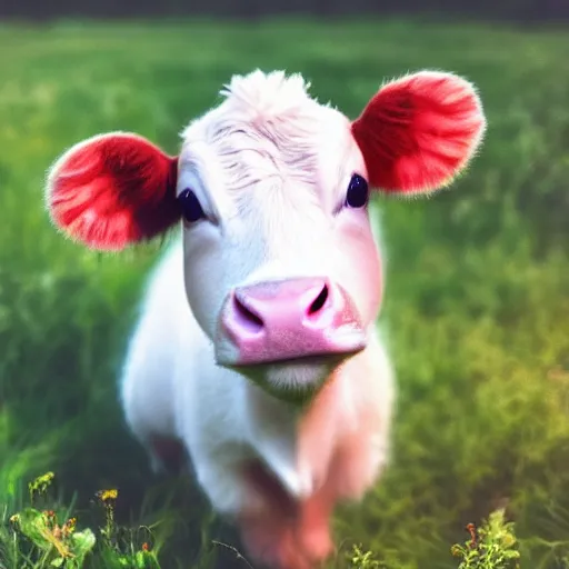 Image similar to very very very very cute chibi baby cow, portrait, pixar style, happy meadow background, cinematic lighting, award winning creature portrait photography