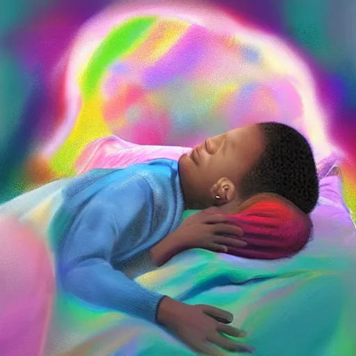 Prompt: A child asleep in bed, their dream overinflated over their head like a hologram, beautiful digital painting
