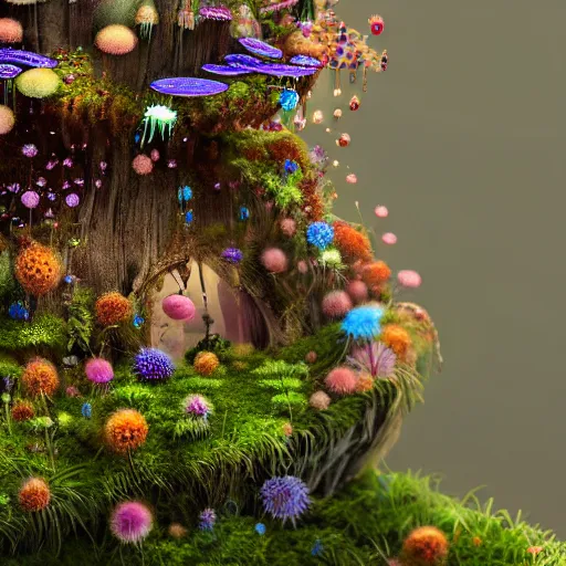 Image similar to tiny fur tower, vegetation, expressive eyes, floating, rbc, radiolaria, protophyta, micro - organisms, center frame, symmetric, rim light, marine microbiology, bioluminescence, electric, fur, soft, concept art, intricate details, highly detailed, colorful, photorealistic, disney pixar, octane render, iridescent, anime, 8 k