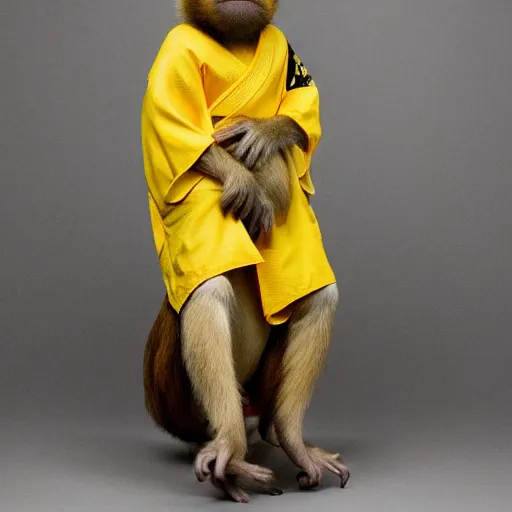 Image similar to a monkey wearing a yellow kimono, 8 k