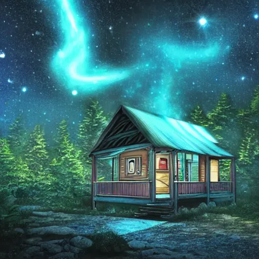Prompt: magic round neon blue stone in front of a porch of a tiny cabin in the woods capable of destroying the whole multiverse with a distant galaxy in the background, full of detail, smooth, hyper realism, high detail, cinematic, dark