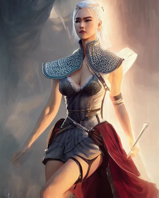 Image similar to Zhang Ziyi as Ciri from Witcher 3 by Artgerm and Greg Rutkowski, wearing haute couture by schiaparelli, sharp focus, sun rays, intricate, elegant, highly detailed, digital painting, masterpiece.