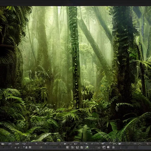 Prompt: photography of deep in the tropical rain forest wide angle low cinematic lighting atmospheric realistic octane render highly detailed in he style of craig mullins, full hd render + 3d octane render + unreal engine 5 + Redshift Render + Cinema4D + C4D + Rendered in Houdini + Houdini-Render + Blender Render + Cycles Render + OptiX-Render + Povray + Vray + CryEngine + LuxCoreRender + MentalRay-Render + Raylectron + Infini-D-Render + Zbrush + DirectX + Terragen + Autodesk 3ds Max + After Effects + 4k UHD + immense detail + interdimensional lightning + studio quality + enhanced quality