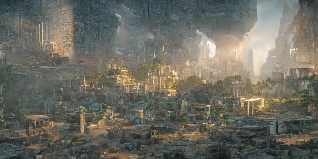 Image similar to a mayan city in the future with sunshaft, bloom, depth of field, rendered in unreal engine, with slow flash sync, kodak film, realistic, craig mullins style, realistic style, neon lighs, chrome, cyberpunk, digital art