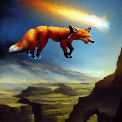 Prompt: a beautiful painting of a Mecha fox jumping over a canyon. Trending on artstation. By Michelangelo and Leonardo Da Vinci. 8k. 4k. Detailed masterpiece. Striking visuals.