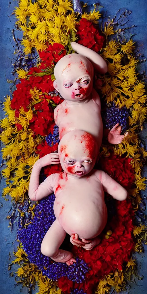 Prompt: award winning photo of ritualistic deformed indian albino baby draped in shiny gold, puking blood, red eyes wide open, rotten flesh, flowers, evil cult, mysticism, vivid colors, weird and disturbing, symmetrical face, grape hyacinth, blue delphinium, studio lighting, wide shot art by sally mann & arnold newman