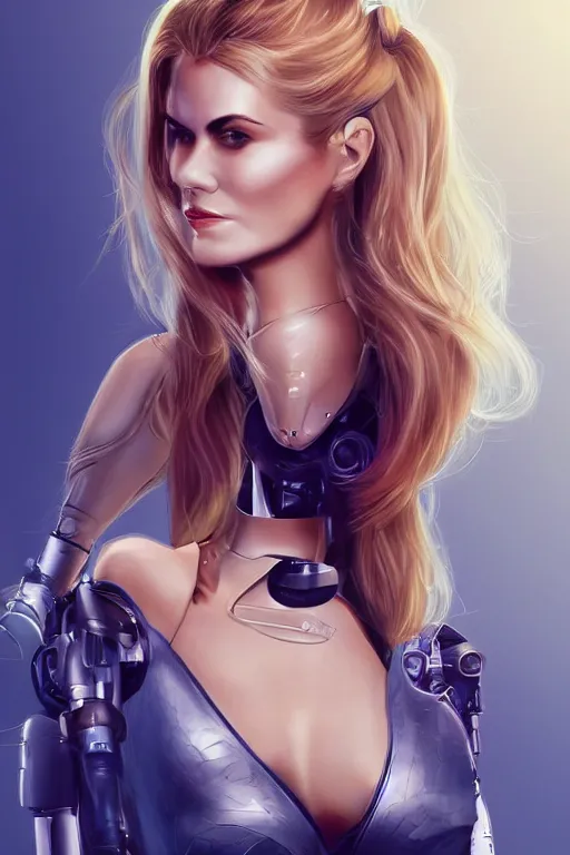 Image similar to mix of beautiful young maria shriver, mariel hemmingway, brooke shields, nicole kidman and elle macpherson as a cyborg terminator, thin lips, hair tied up in a pony tail, dark blonde hair, colorful, artstation, cgsociety