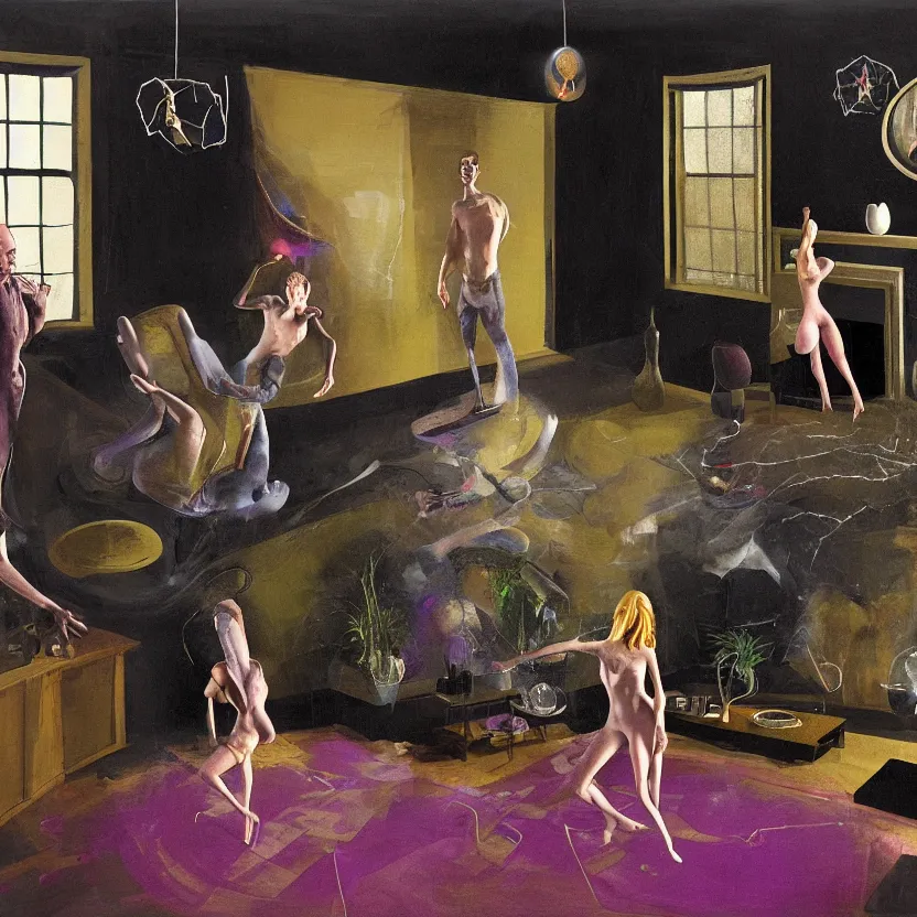 Prompt: Realistic image of a man and woman start to bounce in a living room of a house, floating dark energy surrounds the middle of the room. There is one living room plant to the side of the room, surrounded by a background of dark cyber mystic alchemical transmutation heavenless realm, by francis bacon and Jenny seville, midnight hour, part by adrian ghenie, part by jeffrey smith, part by josan gonzales, part by norman rockwell, part by phil hale, part by kim dorland, artstation, highly detailed