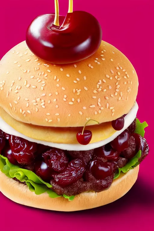 Image similar to mcdonalds hamburger covered in cherries, commercial photography