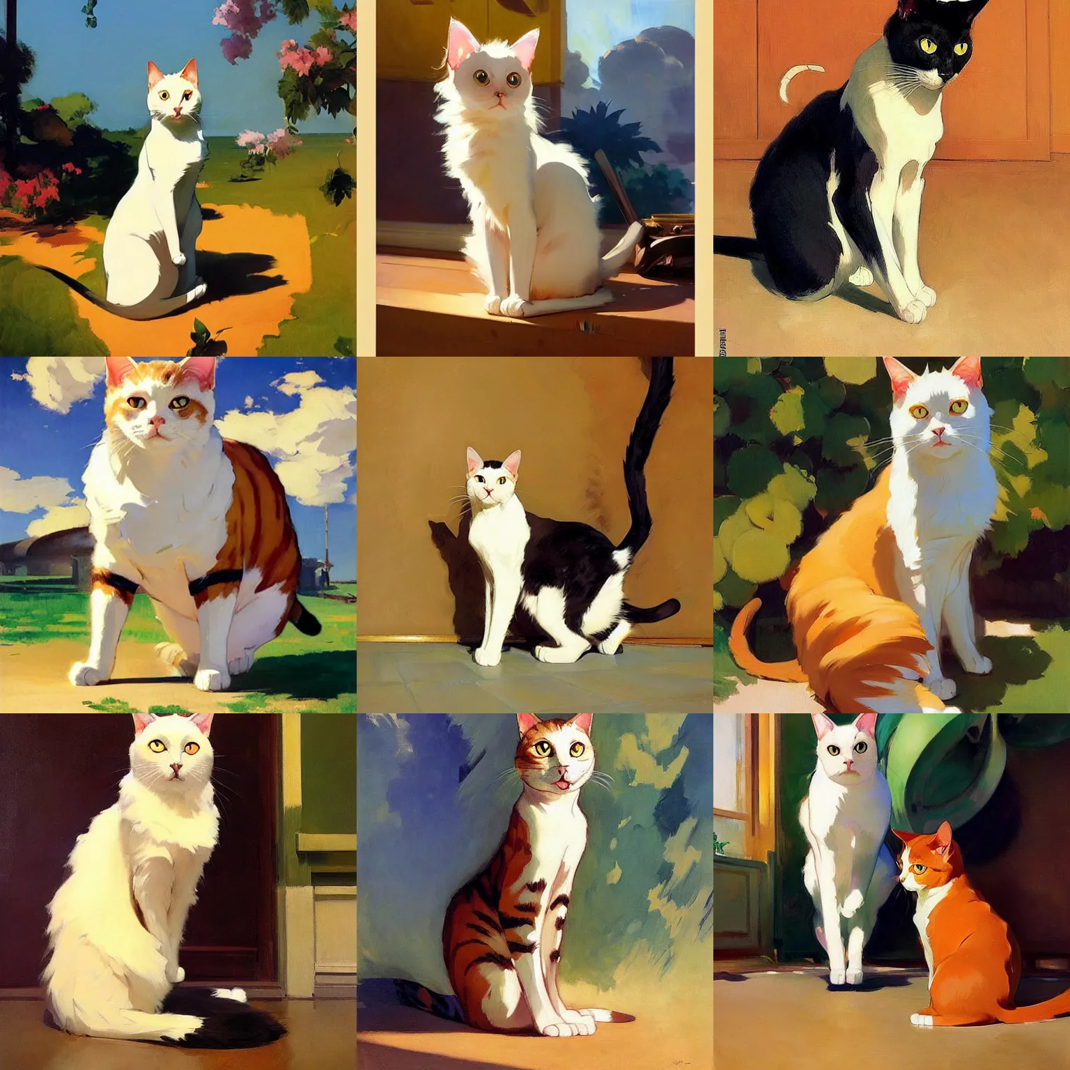 Image similar to a cat with ears down standing up by studio ghibli painting by joaquin sorolla rhads leyendecker an aesthetically pleasing dynamic energet