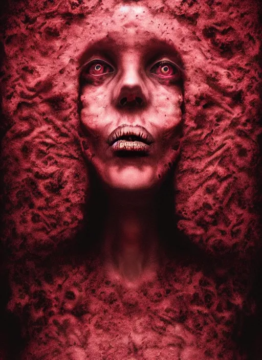 Image similar to dramatic dark red matte portrait painting of woman with black mandelbrot fractal instead of face, horror, body horror, dark art, 4 k, detailed, realistic, psychotic, insane, crazy, mental illness, dramatic,